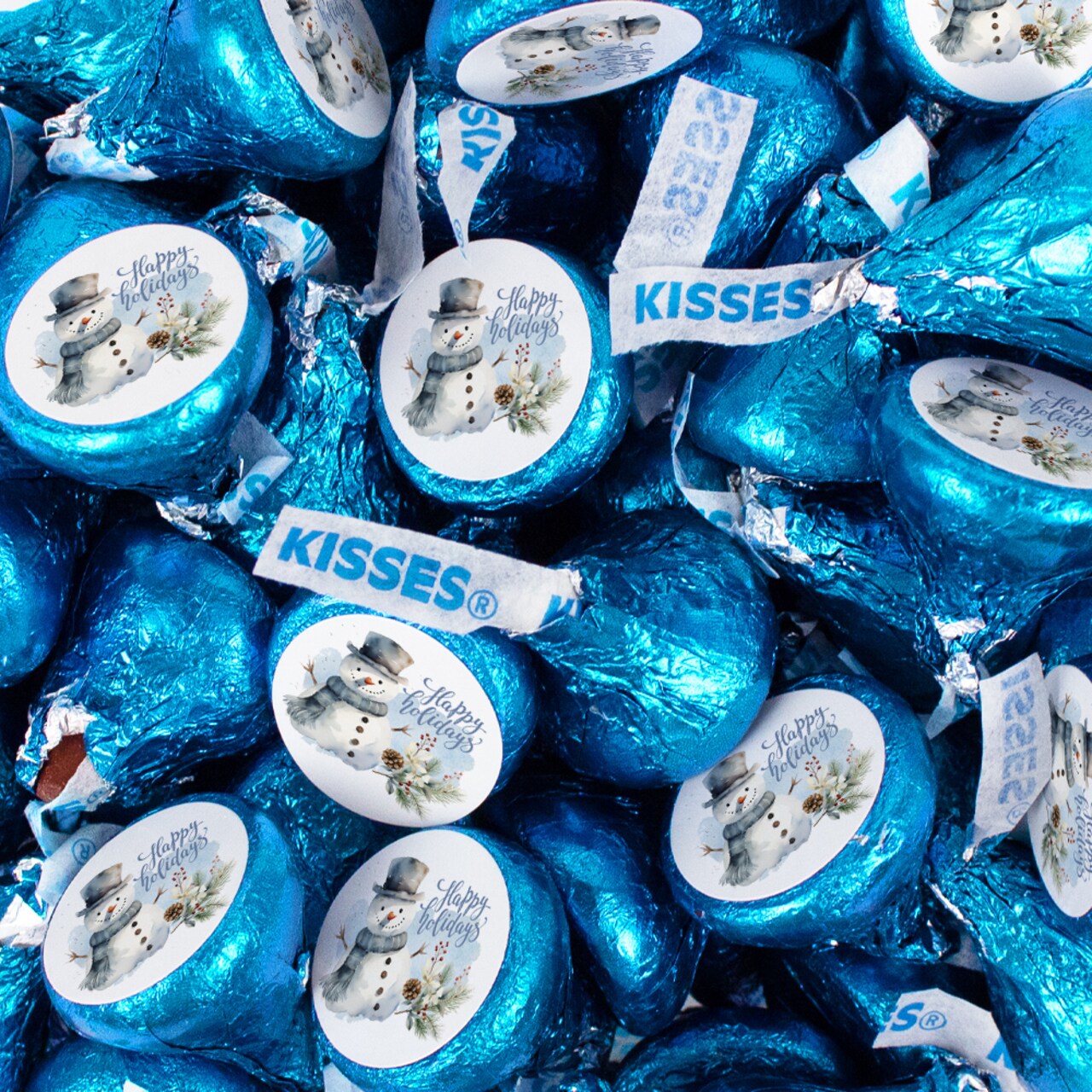 90ct Happy Holidays Blue Milk Chocolate Kisses With DIY Stickers For Christmas Party Favors, Treat Bags, Do-It-Yourself Gifting, Dessert Tables & More - Snowman